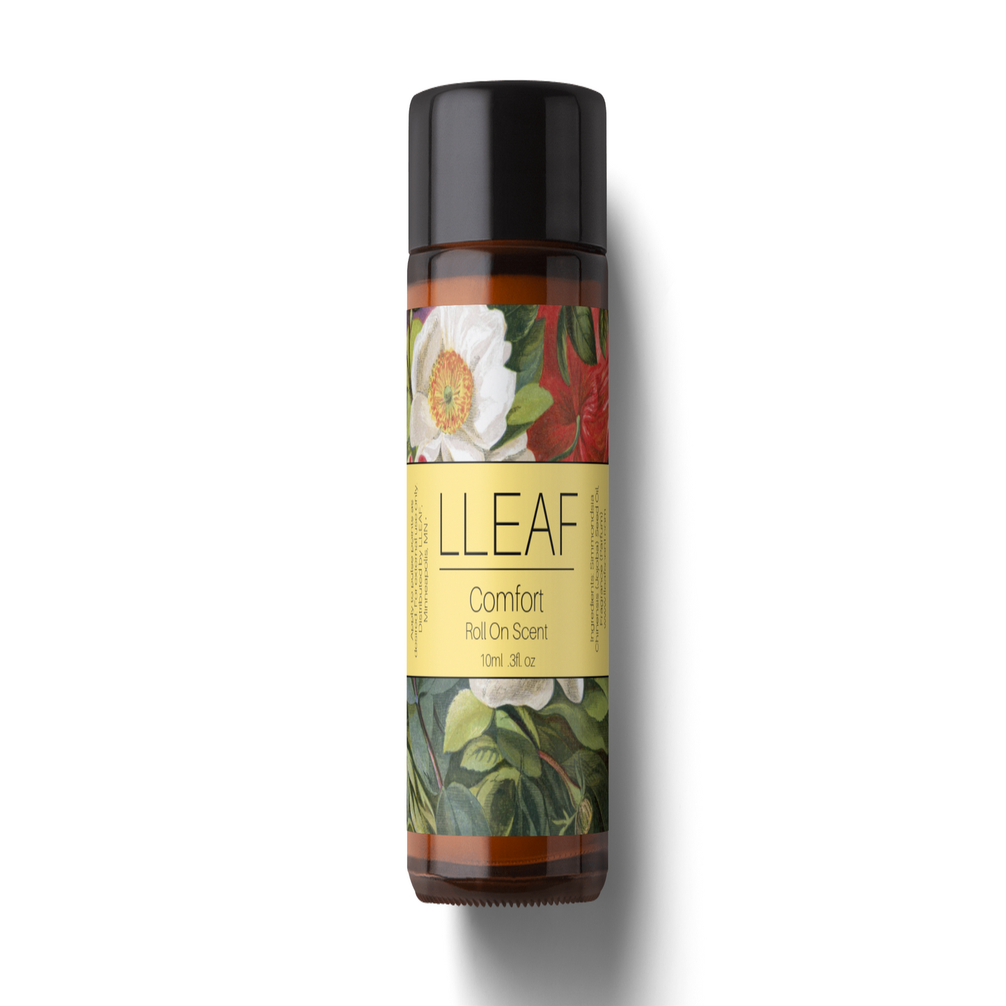 Roll-on bottle with floral design and 'LLEAF' branding on a white background