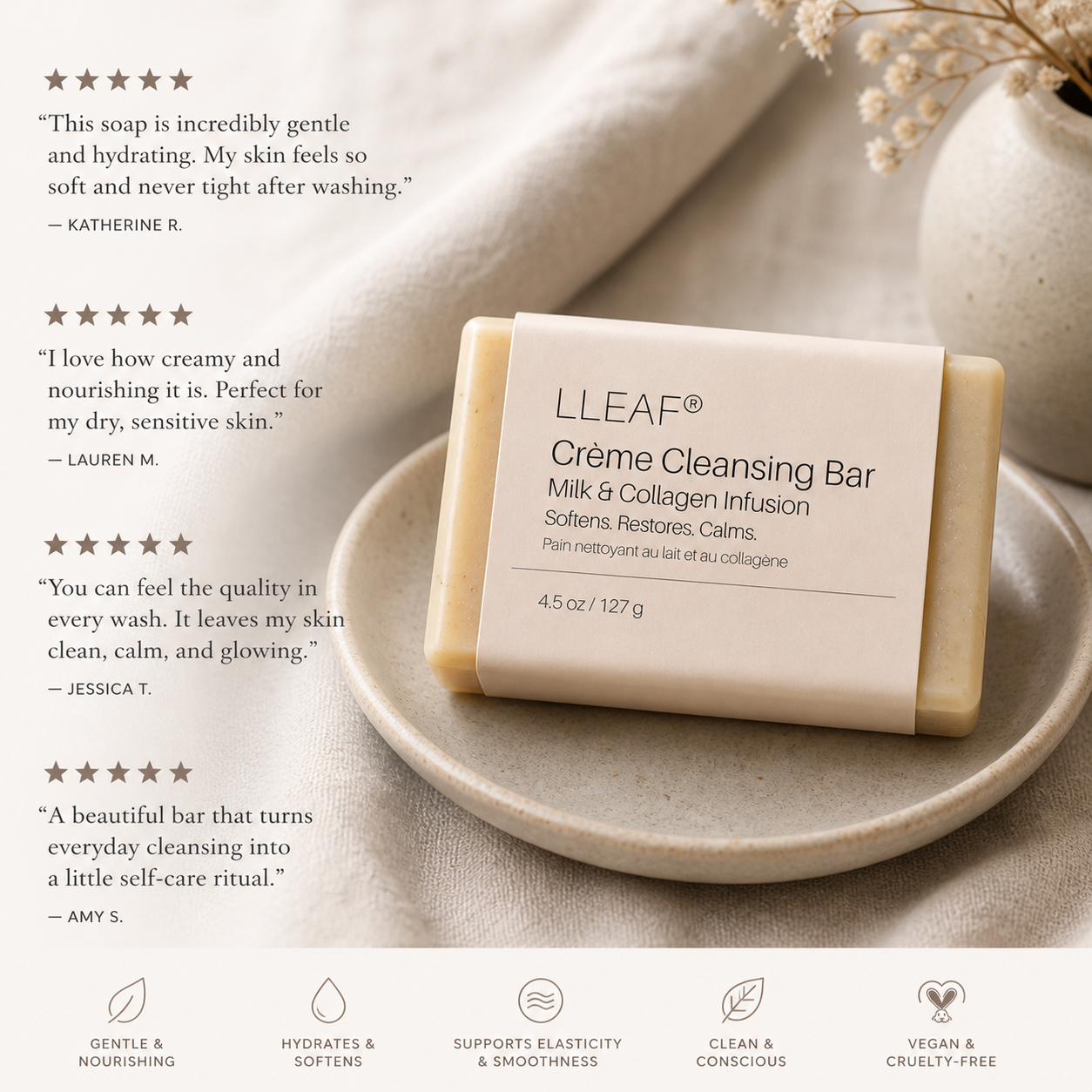 LLEAF Crème Cleansing Bar on a plate with customer reviews and product features.