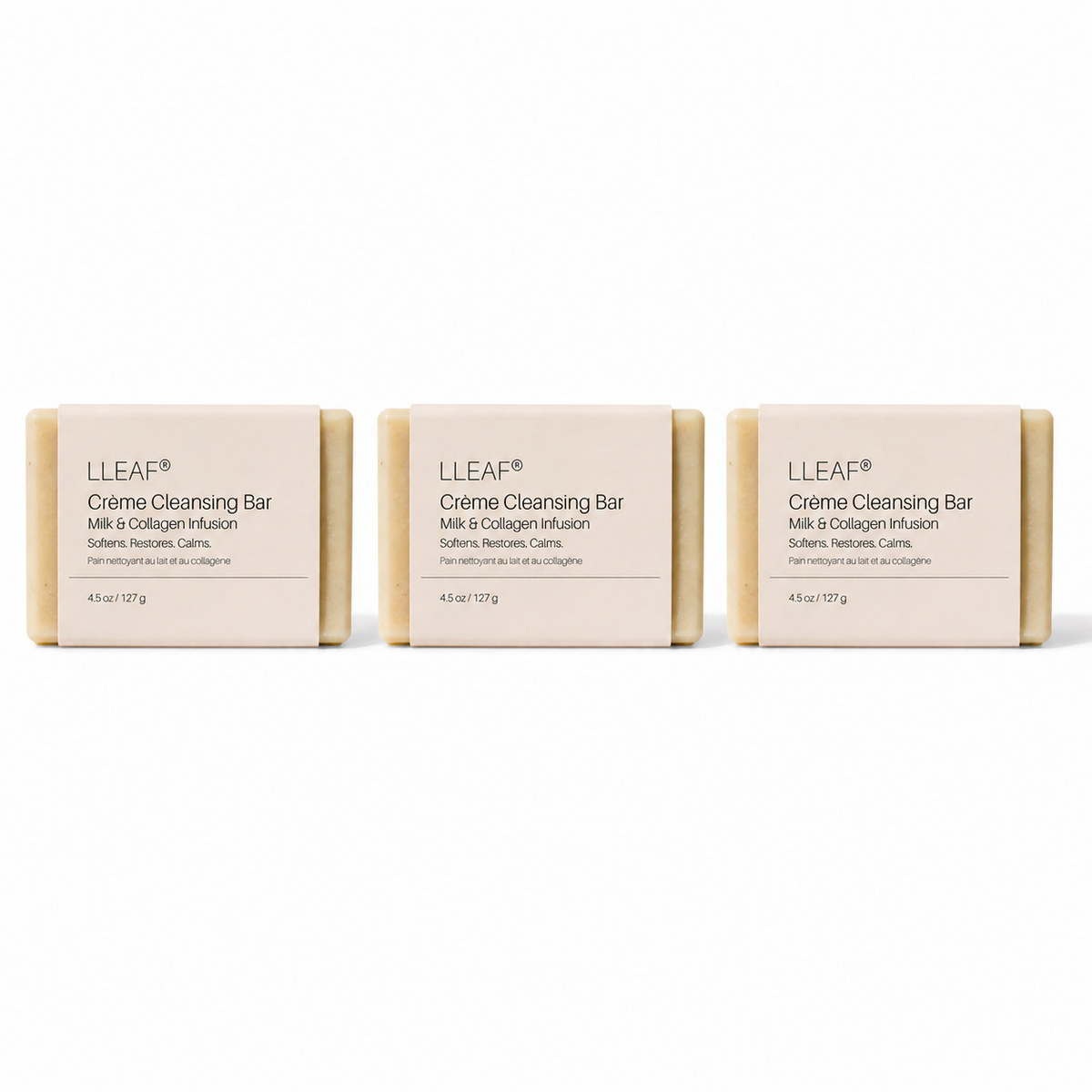 Three LLEAF Crème Cleansing Bars on a white background