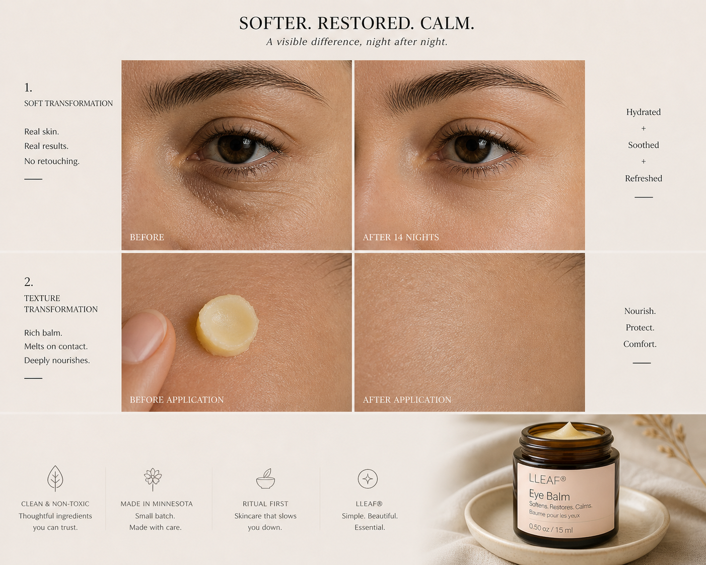 Eye balm advertisement showing before and after effects on skin with a jar of eye balm.