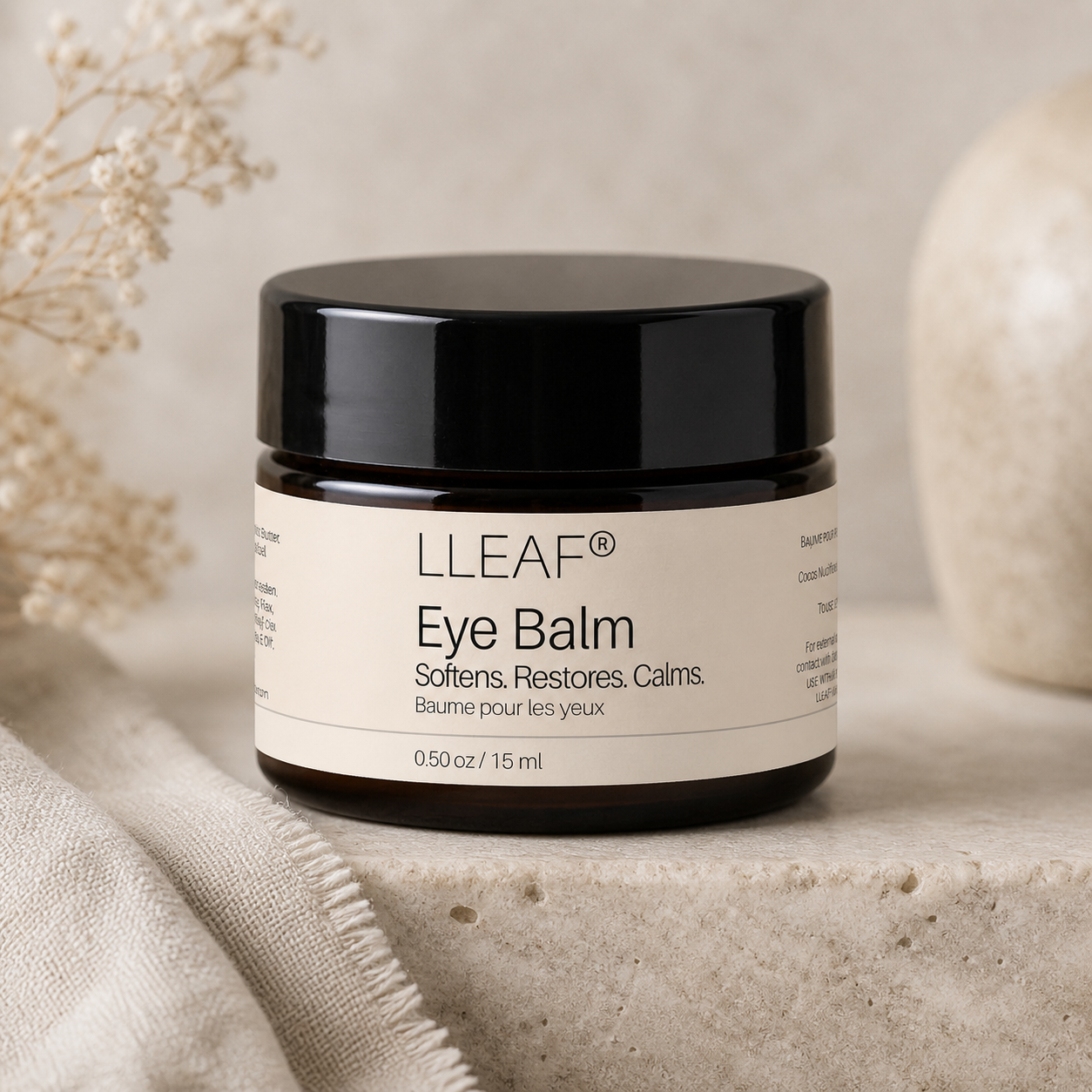LLEAF Eye Balm jar on a neutral background