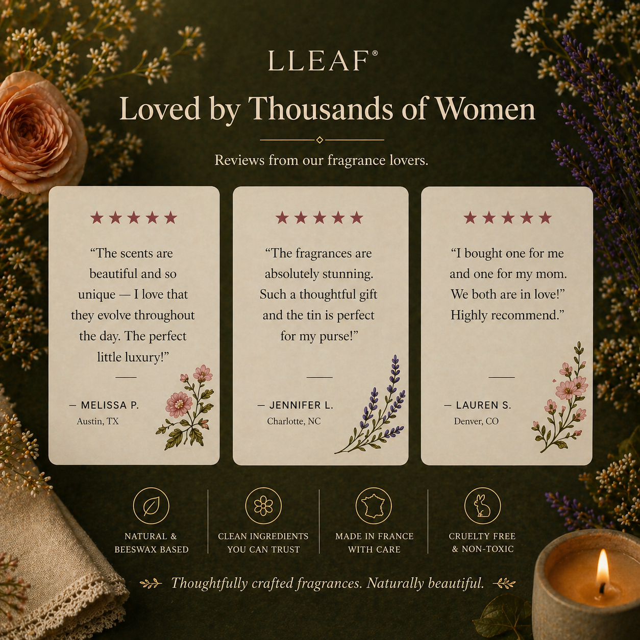 Product packaging with customer reviews and branding on a dark background with flowers and a candle.