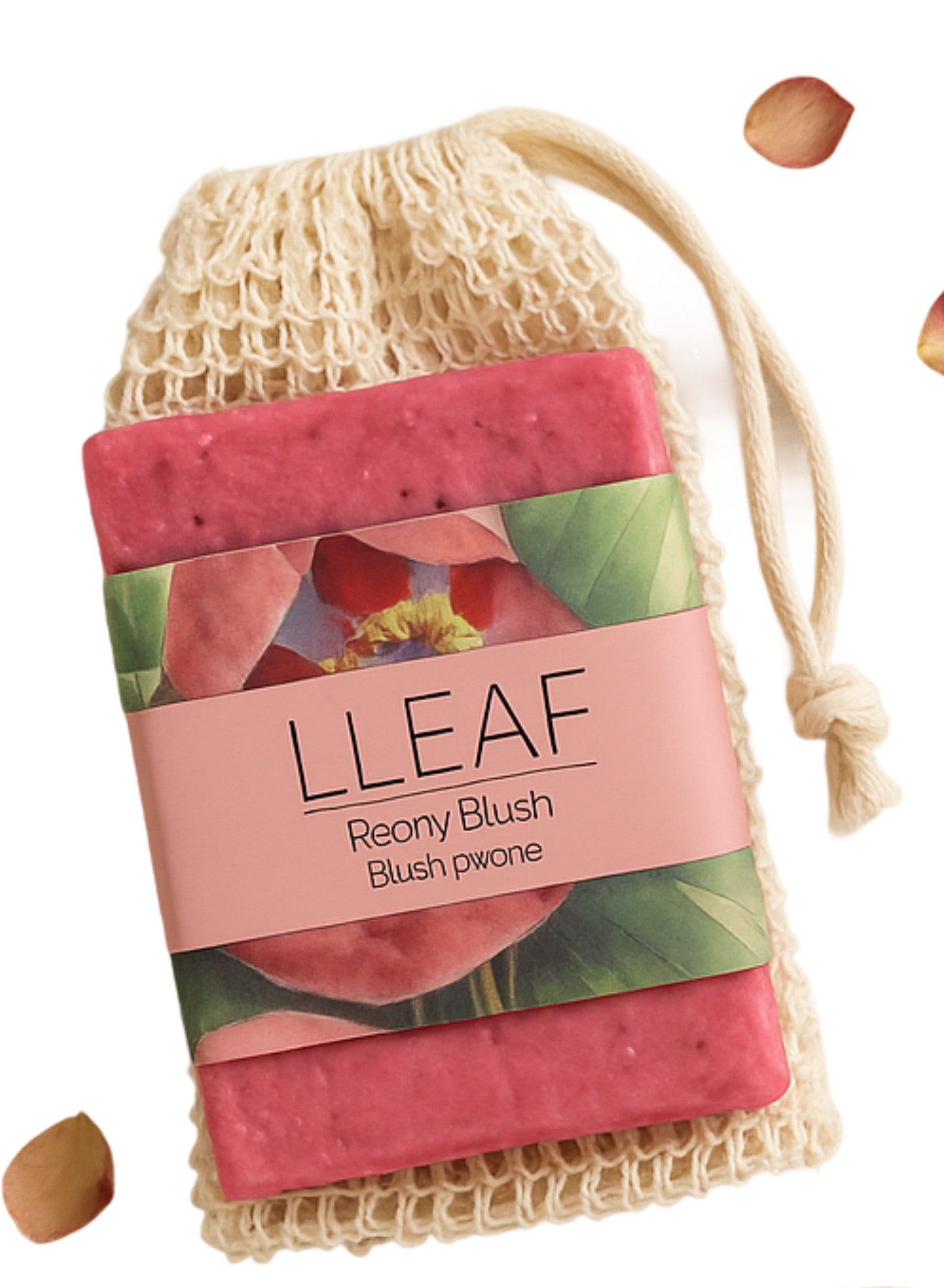 Pink soap bar with 'LLEAF' branding and a mesh bag on a white background