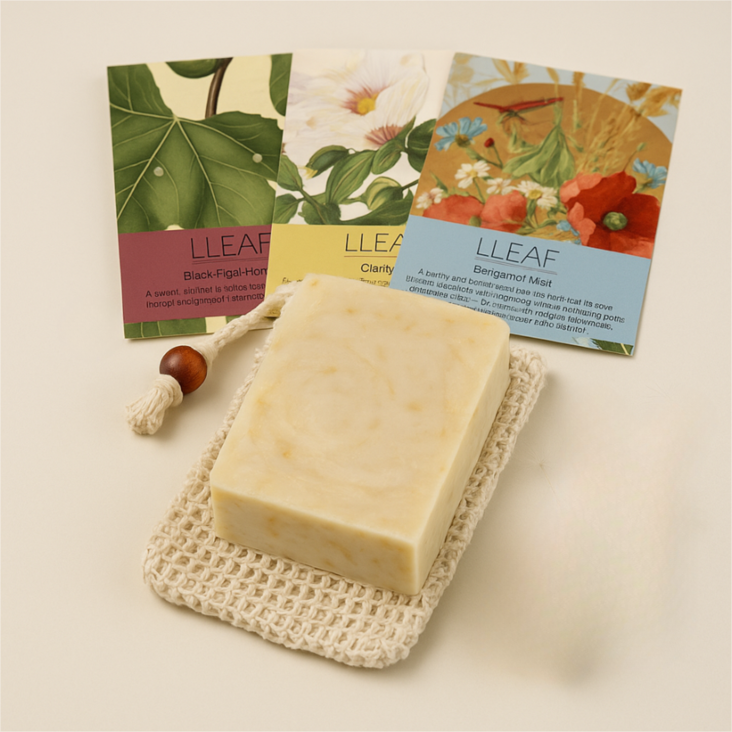 Bar of soap on a woven soap dish with LLEAF packaging in the background