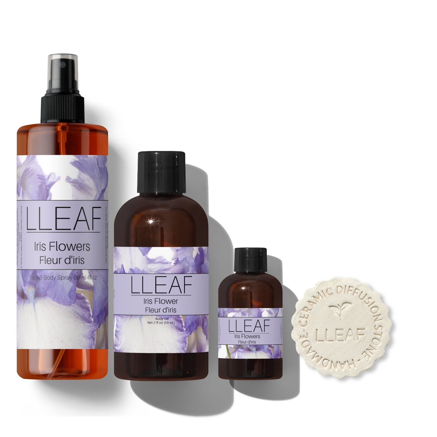 Set of LLEAF Iris Flowers products including bottles and a diffuser on a white background