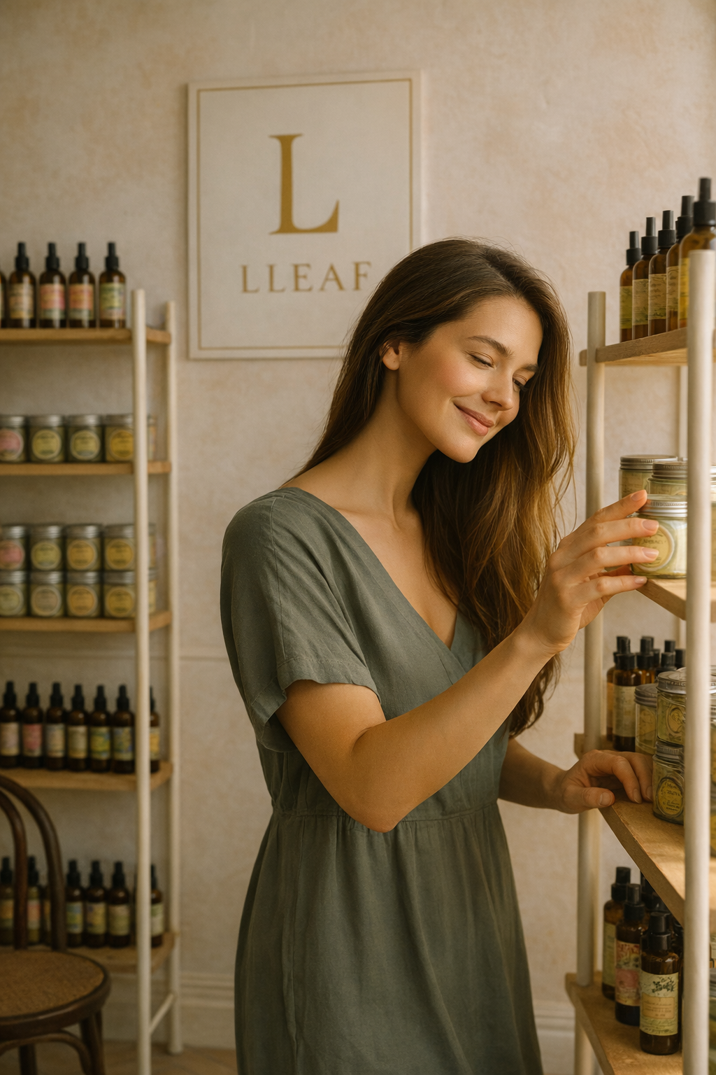 Woman in a green dress standing in a room with shelves filled with various bottles and jars.