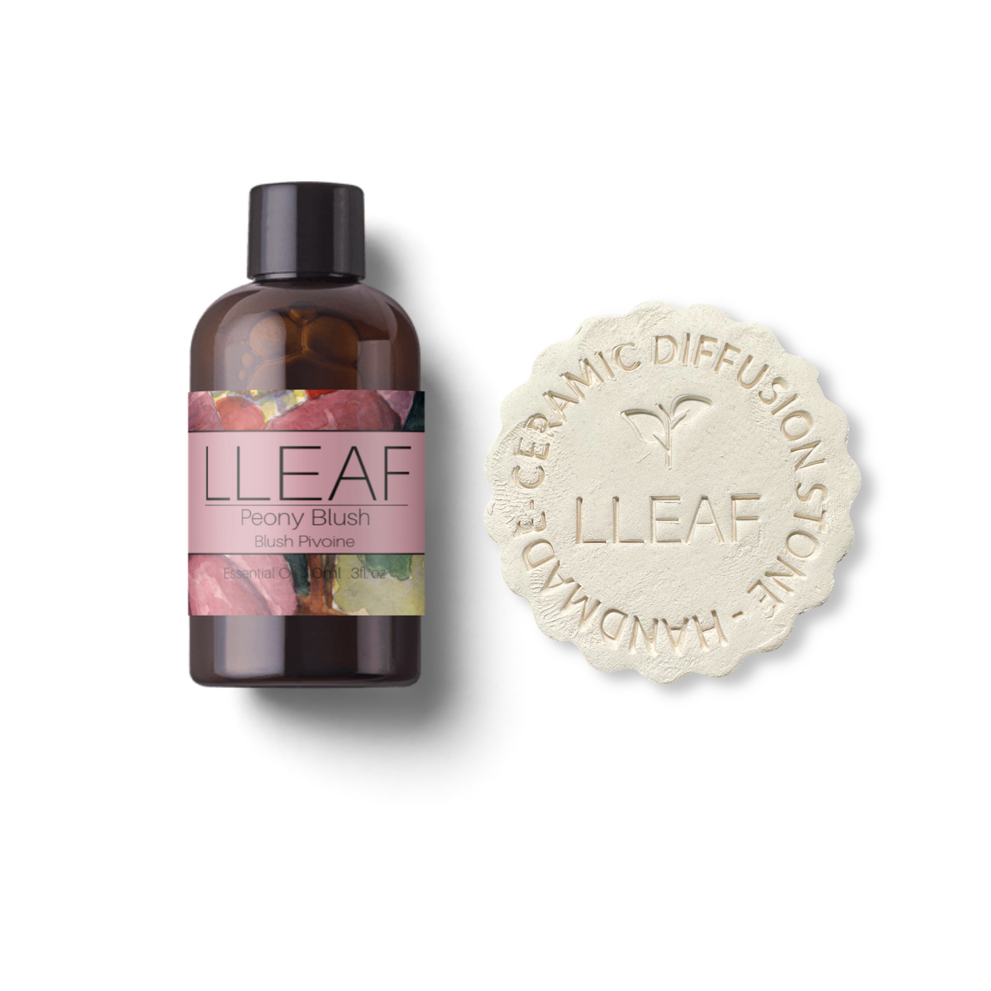LLEAF bottle and ceramic diffuser stone on a white background