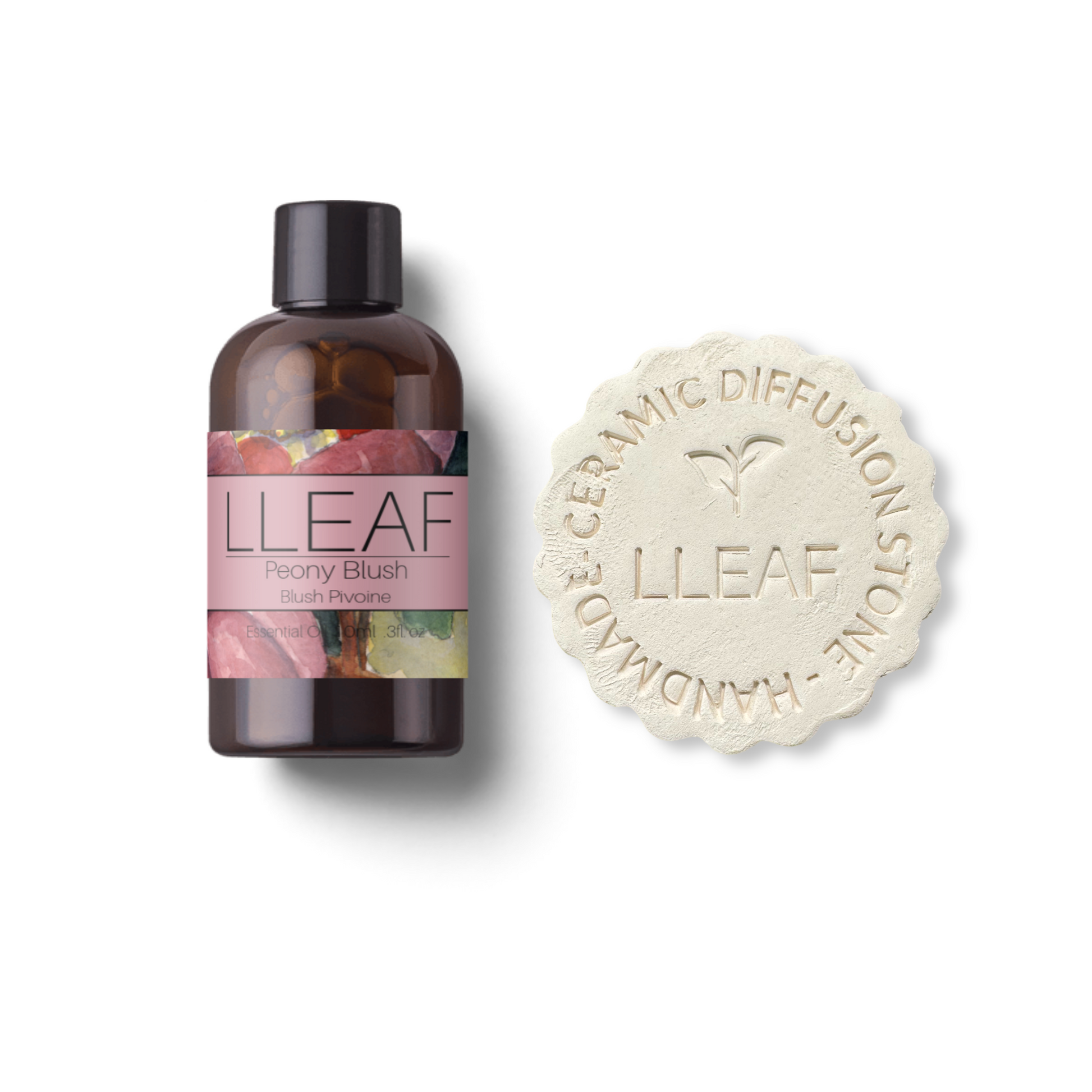 LLEAF bottle and ceramic diffuser stone on a white background