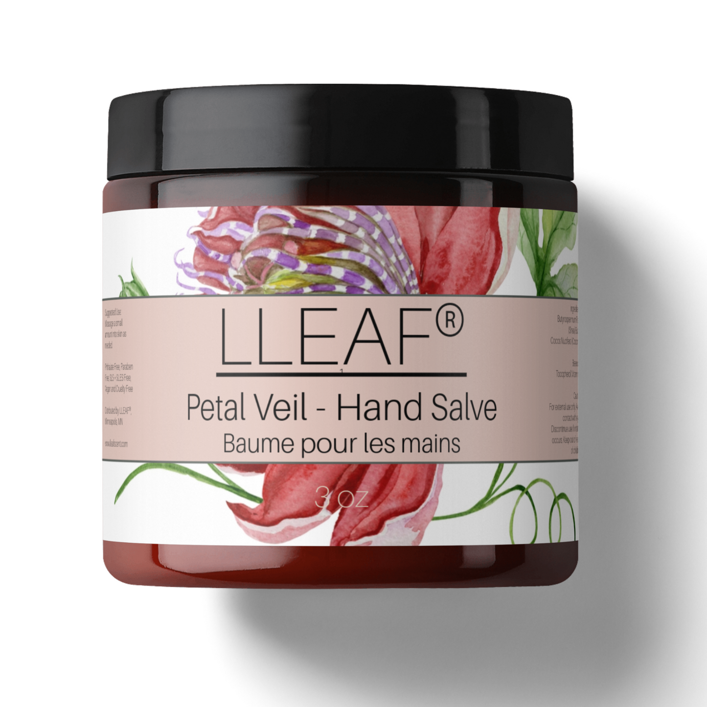 Jar of LLEAF Petal Veil Hand Salve with floral design on a white background