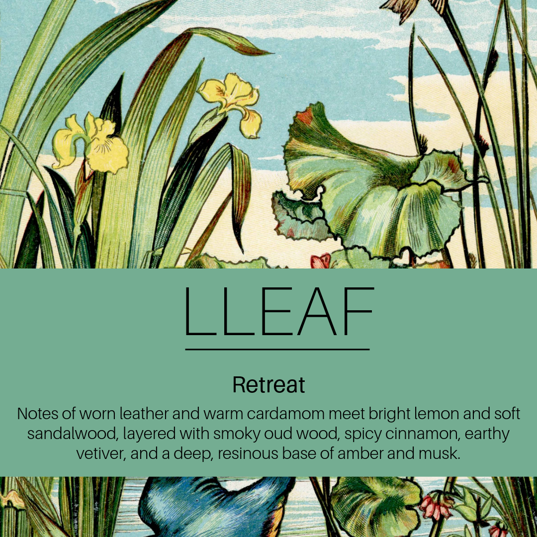 Product packaging with botanical design and brand name 'LLEAF' on a green background
