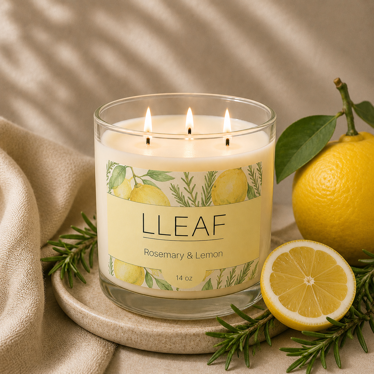 LLEAF® Farms Signature 3 Wick Candle - Rosemary & Lemon Intensive Scents