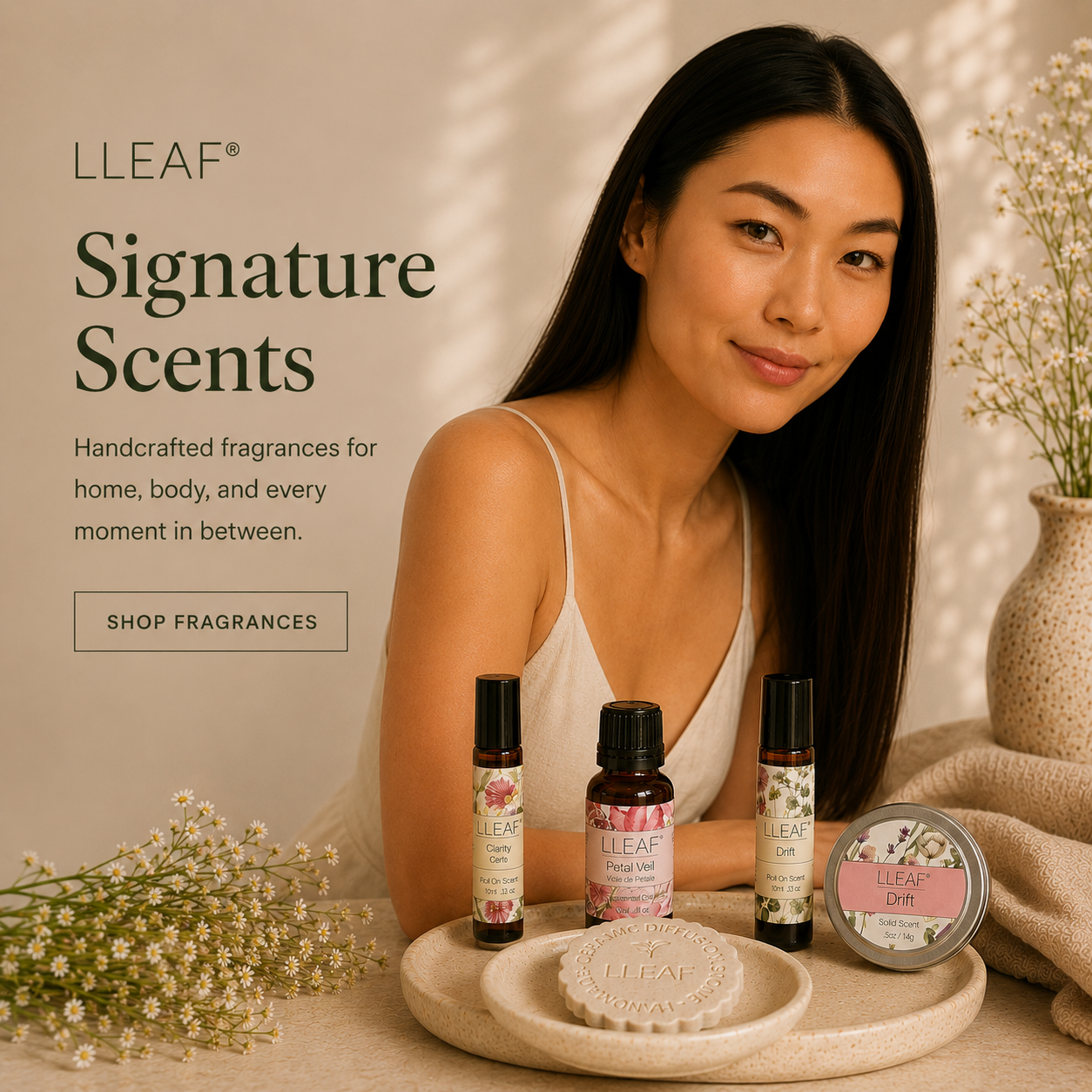 Woman with LLEAF products including bottles and a bar of soap on a tray, with text about 'Signature Scents'.